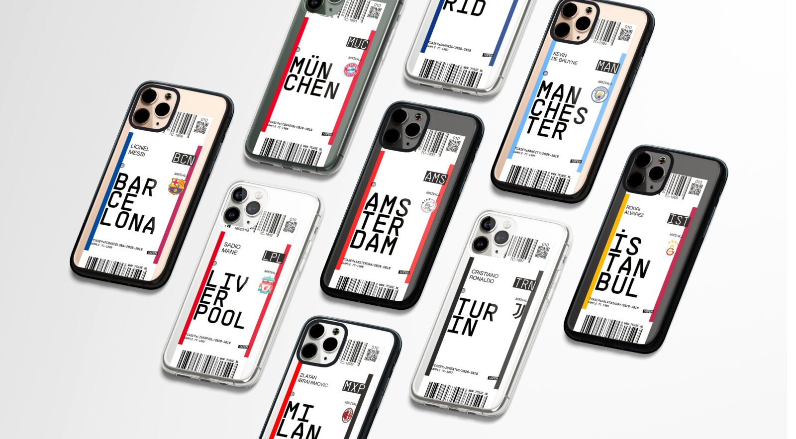 A collection of smartphones with cases designed to look like custom plane tickets. Each case displays the name of a different city, from Barcelona and Munich to Amsterdam and Manchester, including Liverpool, Turin, Milan, and Istanbul. The phones are arranged in a neat pattern and feature designs such as the "Custom Plane Ticket x Paris.